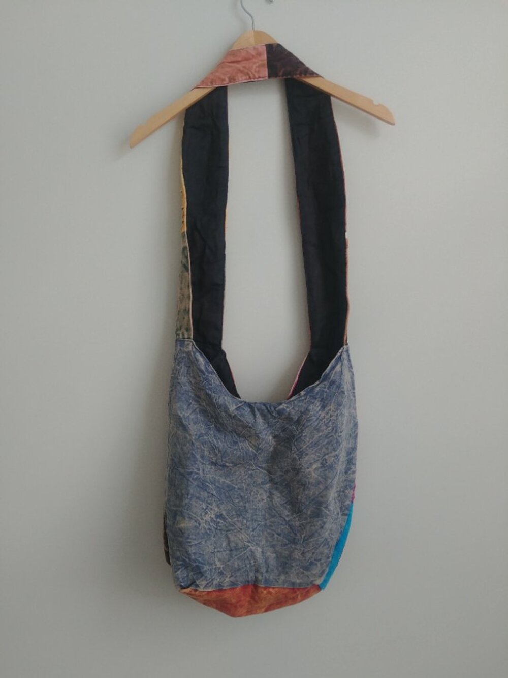 Handmade cotton denim patchwork bag wide strap shoulder crossbody bag - Picture 7 of 14